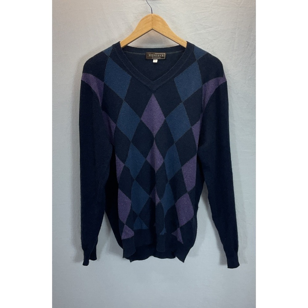 Reserve Patrick James Sweater Mens Sz L Navy Blue Argyle 100% Cashmere V Neck